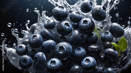 A bunch of ripe blueberries with water droplets or water splash or falling into a deep black water tank