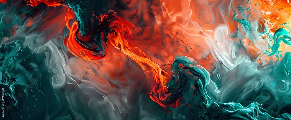 Dynamic swirls of fiery red and cool mint collide, creating a visually striking abstract spectacle.