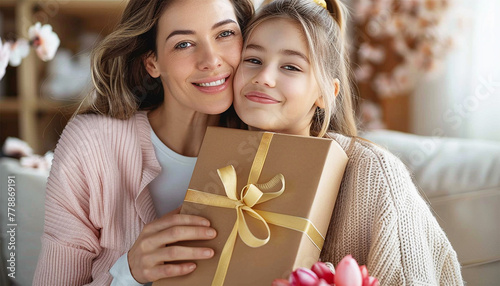 Daughter with present for Mother's Day. Loving teenage girl gives gift box to mom on eve of eighth of March or mother day. Child kisses hugs woman after presenting. Family love photo