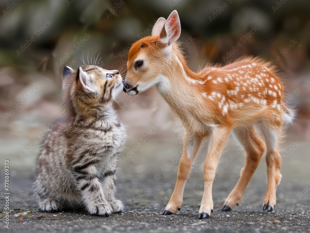 Adorable Fawn and Kitten Touching Noses in a Heartwarming Display of(02)