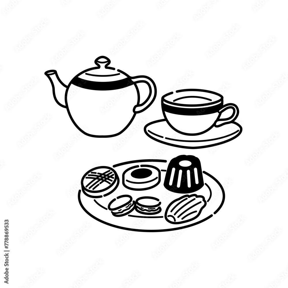 ティーセットと焼き菓子のイラスト(線画) ティーセットと焼き菓子のイラスト(線画)