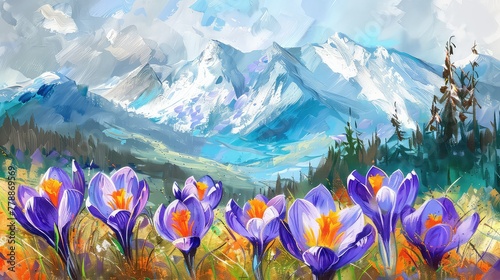 Multicolor Crocus flowers garden in the front of snowy mountain in early spring photo