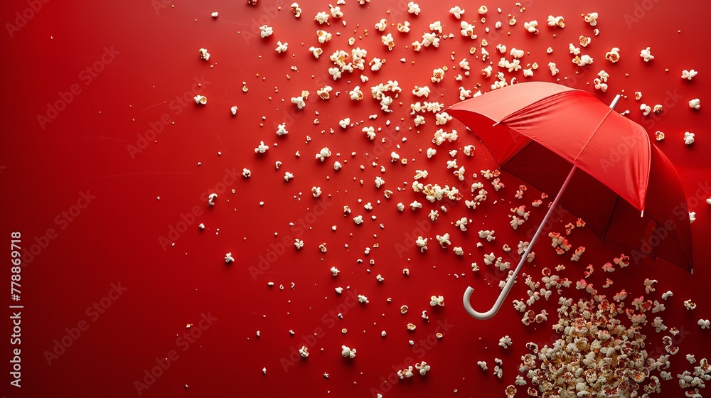 A red umbrella kept on a red surface with popcorn a concept of enjoying movie at rainy season with space for text or product, Generative AI.