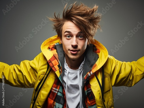 Man in Yellow Jacket Making Funny Face photo