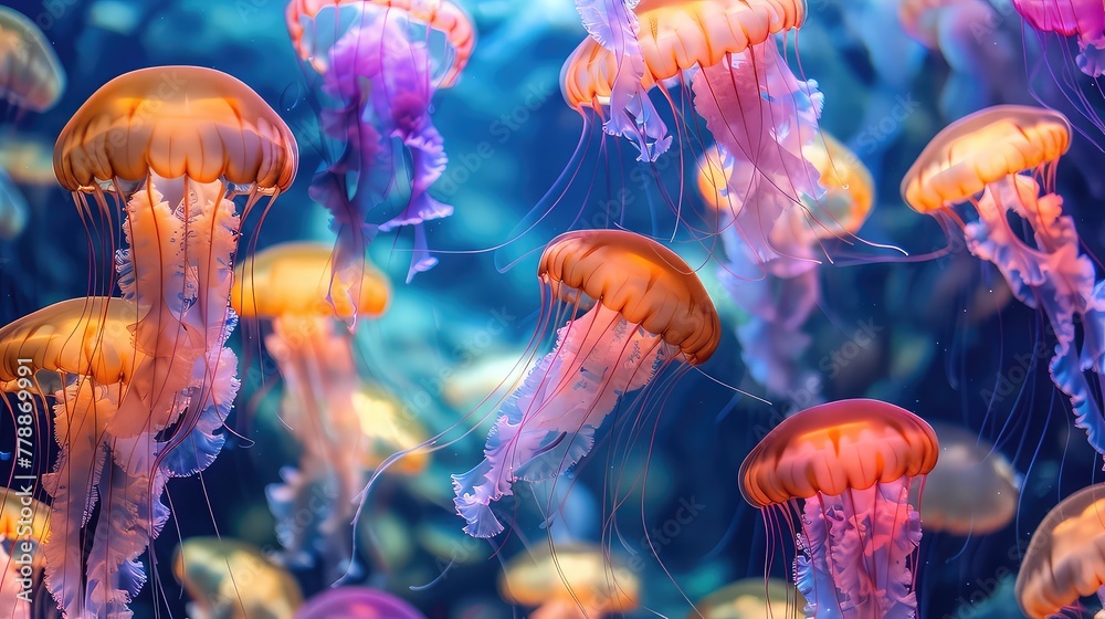 A group of colourful luminescent jellyfish swimming in the deep sea A group of colourful luminescent jellyfish swimming in the deep sea