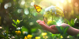 close up a flying butterfly's earth crystal glass globe ball and growing transparent sun shining background 