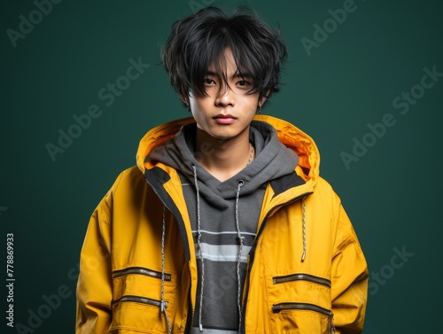 Young Man in Yellow Jacket Posing for Picture