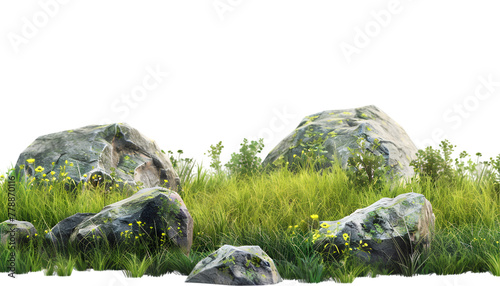 Greenery grass fields meadow row with rocks composition cutout backgrounds 3d rendering