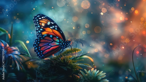 Monarch butterfly, with sparkling bokeh lights on a dreamy blue background.