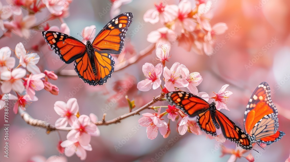 Butterflies flying on Blossom trees flowers. Spring background, branches of blossoming cherry against background of blue sky and butterflies on nature outdoors. Pink sakura flowers, dreamy romantic Butterflies flying on Blossom trees flowers. Spring background, branches of blossoming cherry against background of blue sky and butterflies on nature outdoors. Pink sakura flowers, dreamy romantic