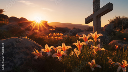 Christian cross with lily flowers outdoors at sunset. The Crucifixion of Jesus. photo
