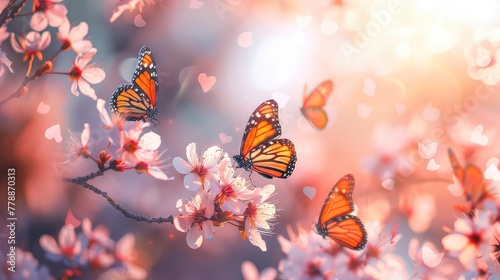 Butterflies flying on Blossom trees flowers. Spring background, branches of blossoming cherry against background of blue sky and butterflies on nature outdoors. Pink sakura flowers, dreamy romantic  © SAIRA  BANO