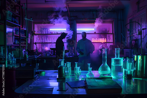 Eerie neon silhouettes in a haunted laboratory isolated on black background.