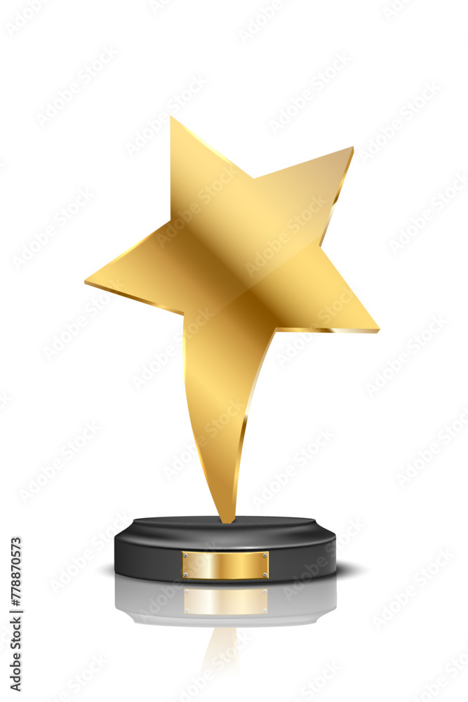 Fototapeta premium Award trophy with gold star shaped prize statue on white background. Champion glory in competition vector illustration. Hollywood fame in film, first place, contest winner golden symbol