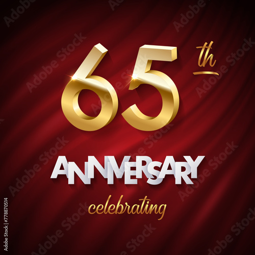 65 golden numbers, Anniversary white paper text and Celebrating word made of golden ribbons on red curtain background. Vector sixty fifth anniversary celebration event square template © backup16