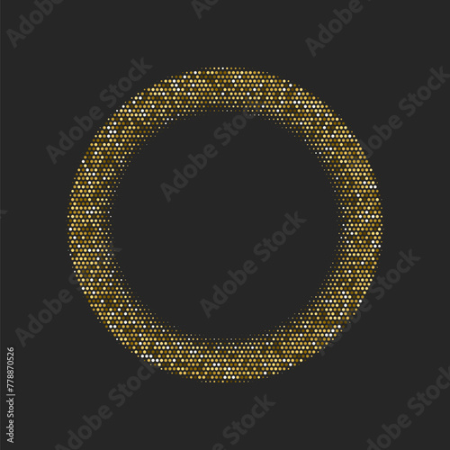 Gold dotted luxury halftone round frame. Golden shining abstract background with light glow elements. Glitter pattern circle logo. Modern futuristic graphic vector illustration. Glowing decoration