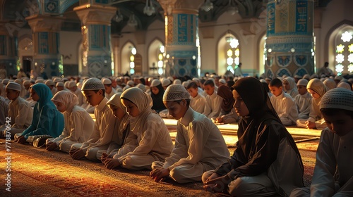 Group of Muslim people prying with their kids at the holy place.