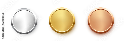 Award golden, silver and bronze blank medals 3d vector realistic illustration. First, second and third place medals or buttons isolated on white background. Quality blank, empty badge, emblem set © backup16