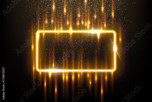 Gold rectangle shape border with flash rays and sparks vector illustration. Realistic 3D shiny golden frame with edges and fiery flare, precious jewelry and abstract star dust glow on black background