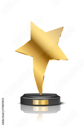 Award trophy with gold star shaped prize statue on white background. Champion glory in competition vector illustration. Hollywood fame in film, first place, contest winner golden symbol © backup16