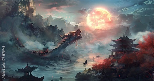Featuring ancient Chinese architecture an artificial city in the moonlight