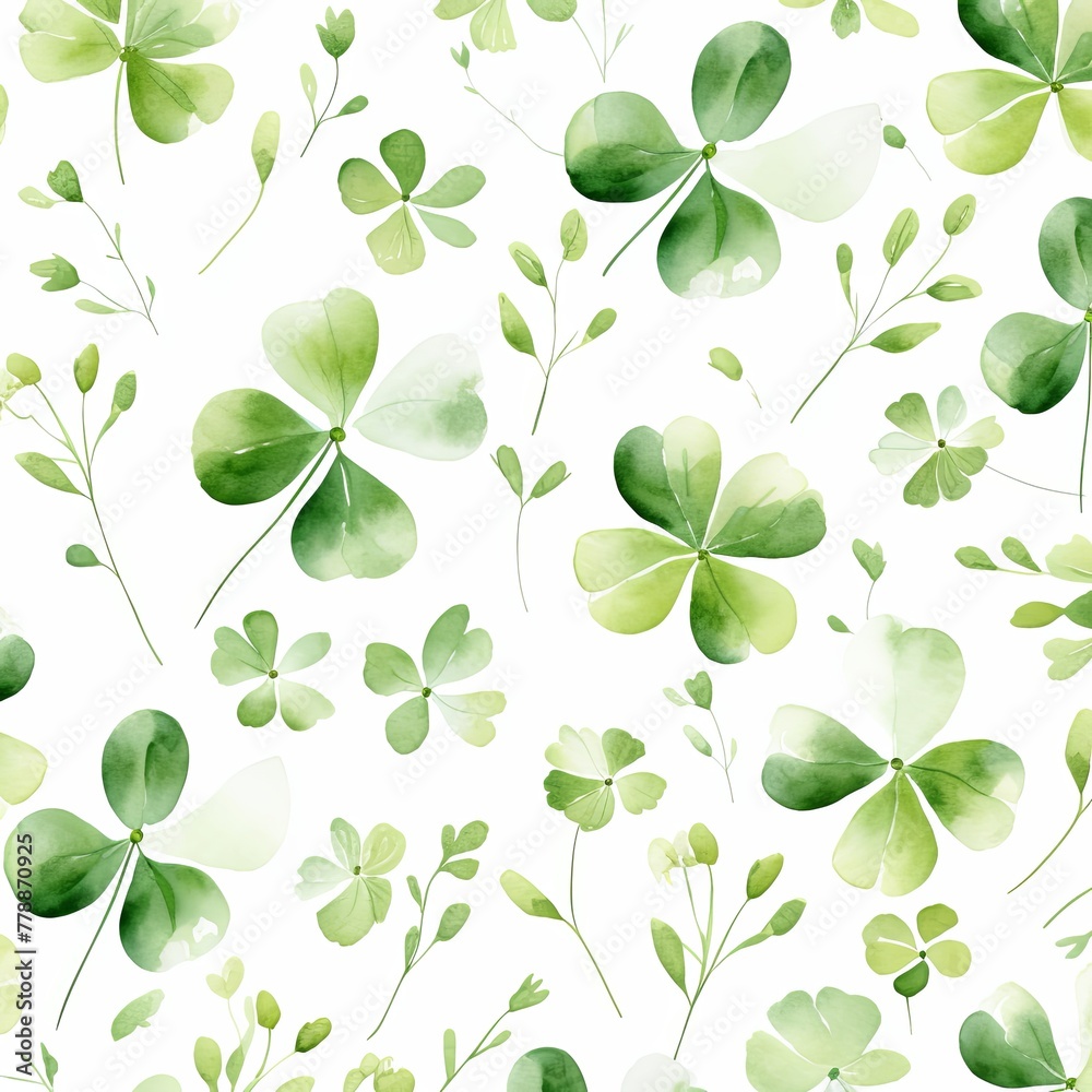 Green flower petals and leaves on white background seamless watercolor pattern spring floral backdrop 