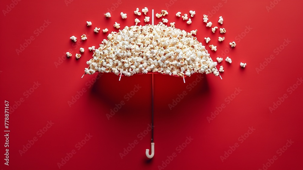 Top view of an umbrella made with popcorns on clean red backdrop with a big space for text or product, Generative AI.