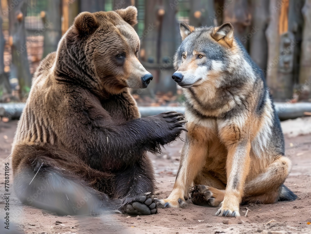 Captivating Interaction Between Brown Bear and Grey Wolf in Natural Forest Habitat Captivating Interaction Between Brown Bear and Grey Wolf in Natural Forest Habitat