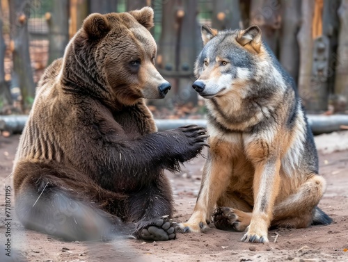Captivating Interaction Between Brown Bear and Grey Wolf in Natural Forest Habitat