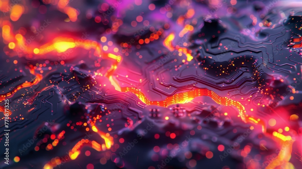 A close-up shot of a circuit board, where electric currents are dynamically highlighted with neon colors, showcasing the flow of energy through the detailed landscape of electronic components. A close-up shot of a circuit board, where electric currents are dynamically highlighted with neon colors, showcasing the flow of energy through the detailed landscape of electronic components.