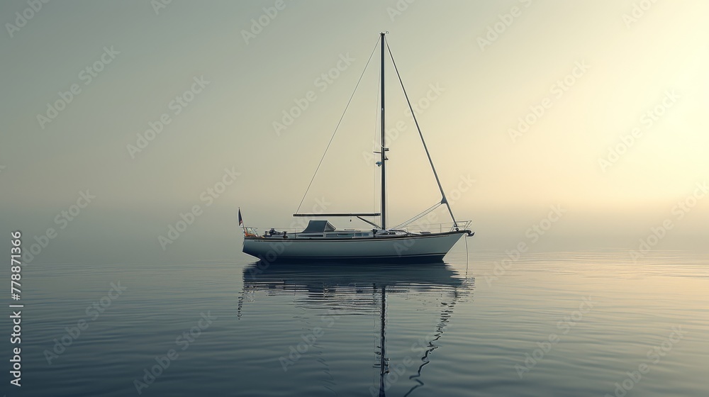   A sailboat amidst an oceanic haze, bathed by sunlight glistening on the water's surface