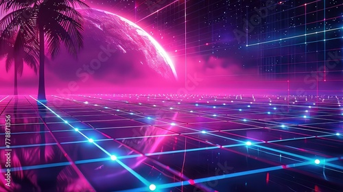 A vibrant synthwave-inspired landscape featuring a large moon, palm trees, and a grid floor under a sunset sky.