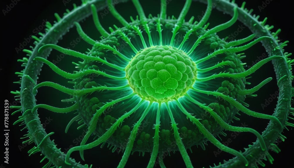 This image captures a close-up view of a spherical microscopic structure with green luminescence, portraying a scientific or medical concept.