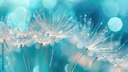 Beauty in nature Fantasy closeup of dandelion soft morning sunlight after rain pastel colors Peaceful blue green blurred lush foliage dandelion seed Macro spring nature amazing natural : Generative AI