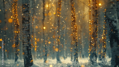  A vast forest brims with towering trees, cloaked in snow and adorned with vibrant yellow and white rain flecks