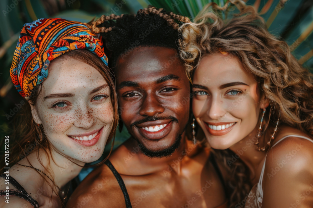 Joyful Trio Embracing Diversity and Friendship Amidst Greenery Joyful Trio Embracing Diversity and Friendship Amidst Greenery