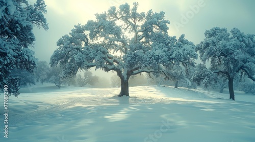  A serene winter scene featuring a solitary tree in the focal point and warm sunlight filtering through the trees in the distance