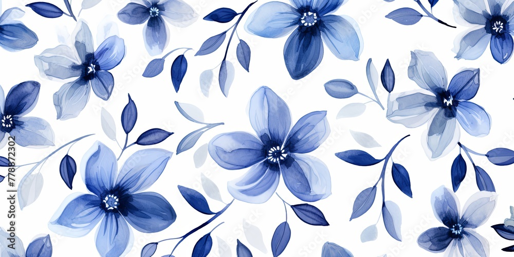 Indigo flower petals and leaves on white background seamless watercolor pattern spring floral backdrop