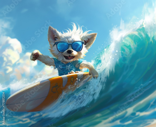 Imagine a small furry friend with cool shades and beach attire skillfully surfing on a giant wave on a sunny day © Sattawat