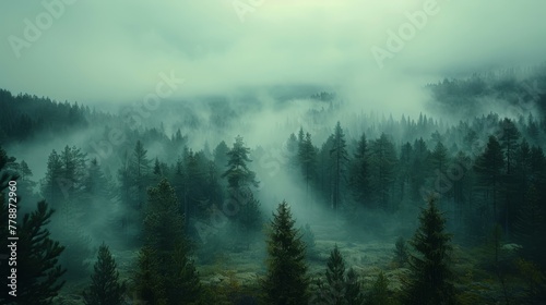   A dense forest brimming with towering pine trees © Anna