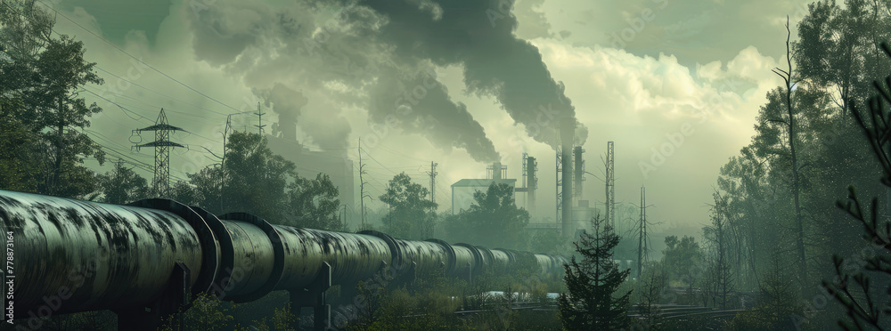 Industrial pipes belching out toxic fumes, encircling trees slowly withering under the pollution - obrazy, fototapety, plakaty 