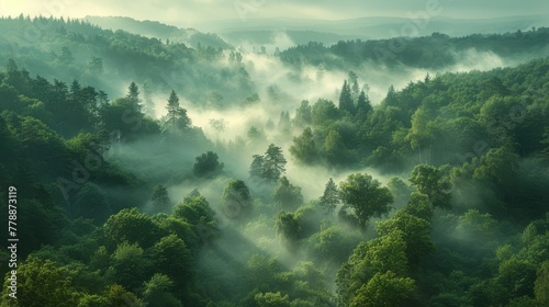  A forest brimming with lush green trees in the heart of a verdant forest, surrounded by towering trees photo