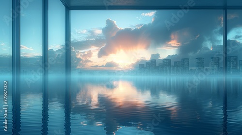   A picture of a vast expanse of water with a city visible in the background and cloudy skies above it