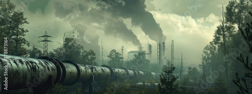 Industrial pipes belching out toxic fumes, encircling trees slowly withering under the pollution photo