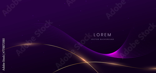 Abstract purple wave lines glowing on dark purple background with copy space for text. Luxury design style.