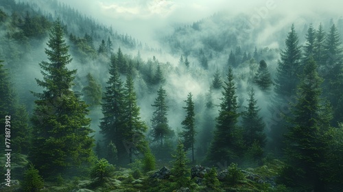   A forest shrouded in thick fog, blanketed by layers of smog