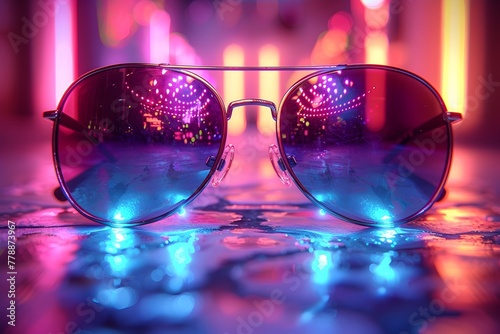 Captivating Neon Drenched Sunglasses Reflect the Vibrant Emotions of Nightlife Illumination © Sweet Mango