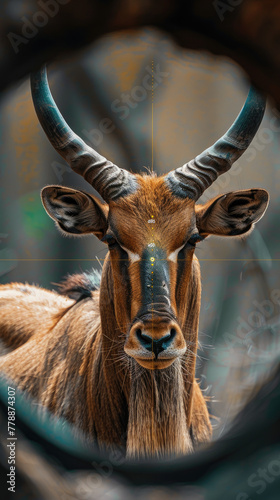 Bubal hartebeest in telescopic lens, crosshairs, forest background, photography style, rich colors and details, 8K, UHD photo