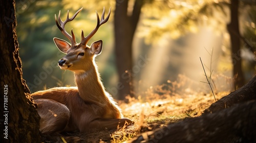 Deer animal near a small river in the middle of the forest in autumn with bright sunlight