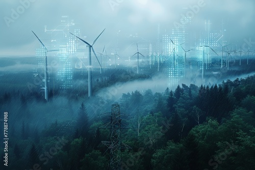 Turbines stand amidst forest, digital overlays hint at sustainable energy future in misty landscape. Windmills rise, virtual grids and data merge with nature, symbolizing eco-friendly power amidst fog photo